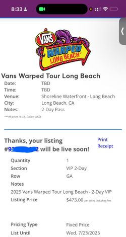 🎟️ FOR SALE: 2 VIP Warped Tour Tickets – Long Beach 🖤🔥