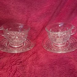 Vintage Fostoria American Cube Glass Cup and Saucer Set Of 2 FLAWLESS!