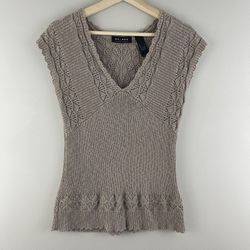 Vintage Y2K 2000’s Tan Light Brown Crochet Knit V Neck Sleeveless Sweater Vest