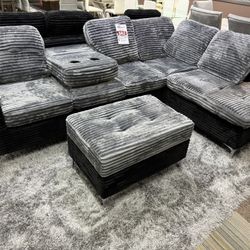 BLACK/GRAY SOFT CORDUROY SECTIONAL WITH OTTOMAN COUCH SET  