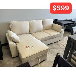 Chenille REVERSIBLE Sleeper Sectional with Storage Chaise, Drop-Down Table, Cup Holders and Charging Ports