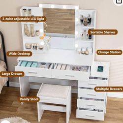 ✌️ Quimoo 48" Large Vanity Desk with Mirror & Lights, Makeup Vanity Table with 6 Drawers & Power Outlet, 4 Open Storage Shelves, Vanity Desk Set with 