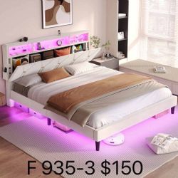 Full Bed Frame with Headboard Storage and LED Lights, Platform Bed Frame with Charging Station,(935-3)