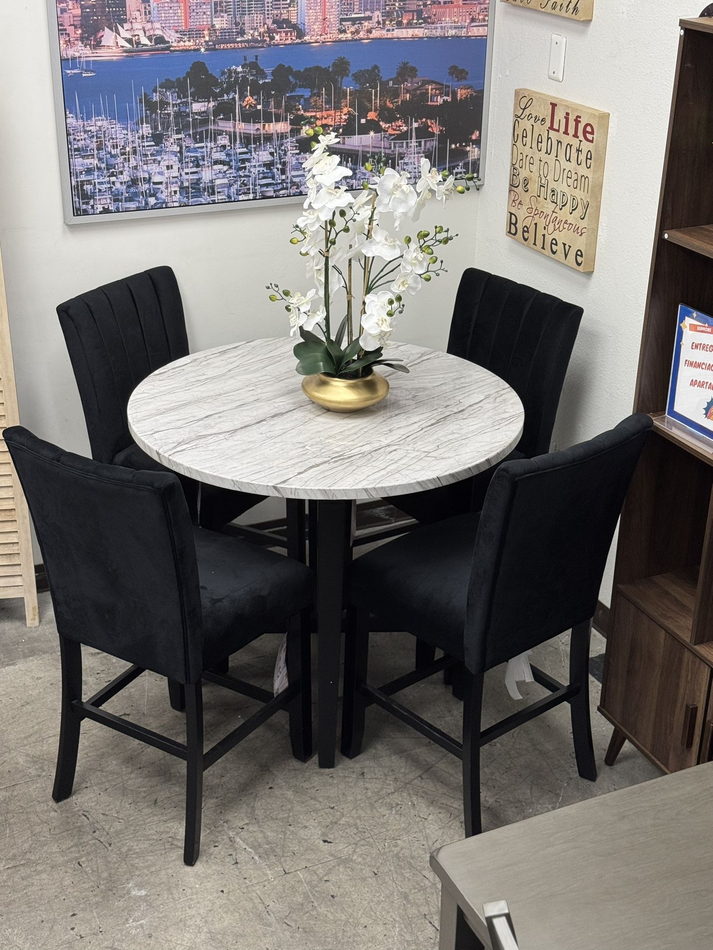 BRAND NEW Marble Design Counter Height Table + 4 Velvet Chairs Black or Gray