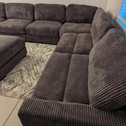 New 7 Piece Modular Corduroy Sectional.  Grey / Beige.  127x164.  Free Delivery!