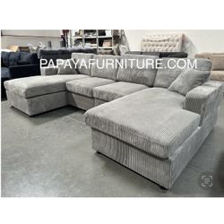 New! Grey 120”L Double Chaise Sectional Sofa, Corduroy Sectional, U-Shaped Sectional, Grey Sectional With Chaise, Soft Plush Sectional,Sofa,Sectional 