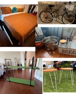MOVING OUT OF STATE! King Bed & mattress, kitchen wares, antiques, shelving, end tables, etc!
