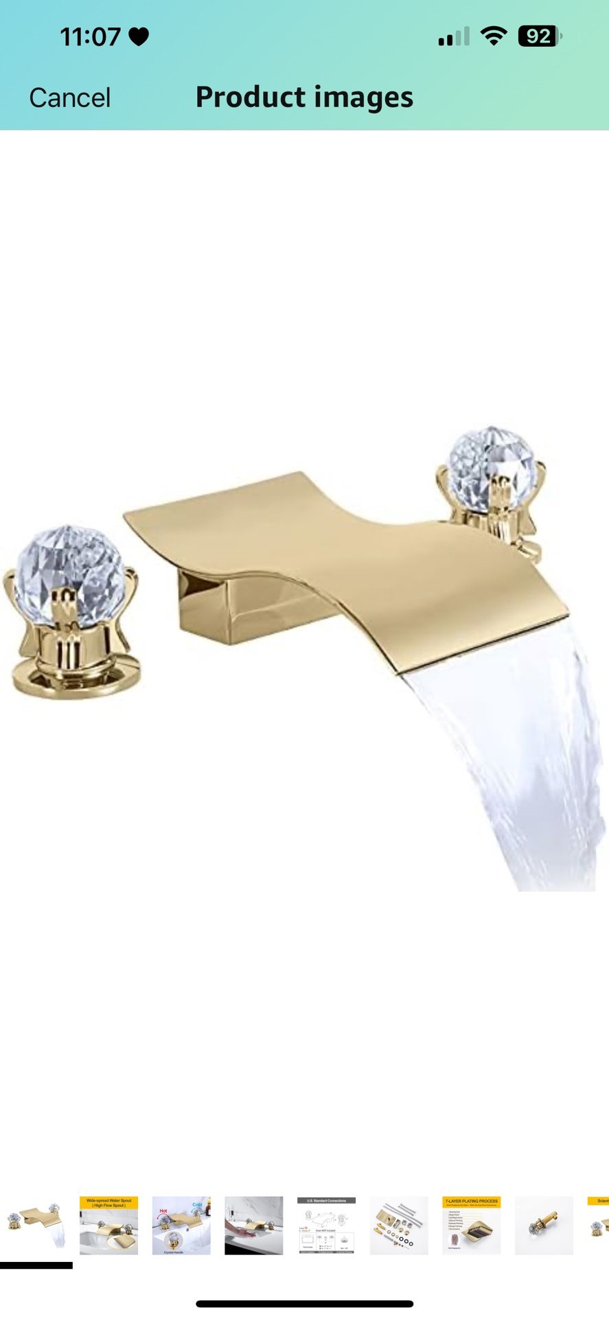 Bathroom Faucet with 2 Crystal Knob Handle, 3 Hole 8 Inch Deck Mount Widespread Waterfall Sink Faucet for Bathroom Sink or Bathtub, Brushed Gold