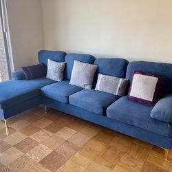 Modern Blue Sectional w/ Chaise + Gold Legs – Like New – Must Go
