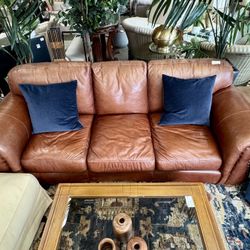 Brown Leather Sofa w/ Nailhead Detail — Comfortable & Classic