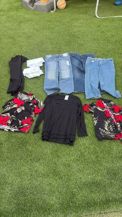 3 Boys Jeans, 2 Hawaiian Shirts, 3 Black Long Sleeves, 1-kids Lab Coat, 1 Dress Pants, & 1 Dress Shirt 