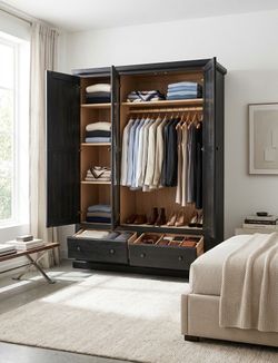 Dark Wood Armoire / Wardrobe with Center Mirror & Storage