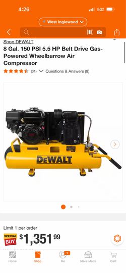 DEWALT 8 Gal. 150 PSI 5.5 HP Belt Drive Gas-Powered Wheelbarrow Air Compressor