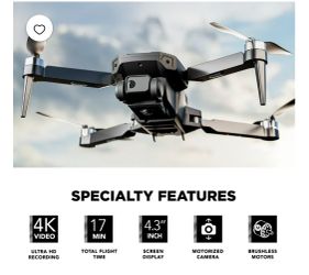 Vivitar SkyVision 4K Ultra HD GPS Foldable Video Drone with 4.3" Display Controller, Brushless Motors, 1-Axis Gimbal, VR Headset, 17-Minute Flight Tim