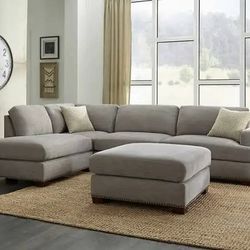Sinclair Fabric Sectional Sofa with Ottoman, Neutral Gray