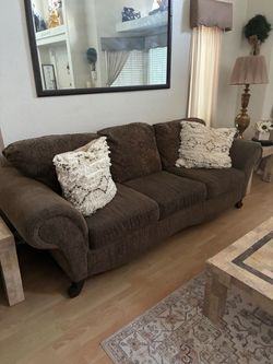 Brown Fabric Sofa with Rolled Arms