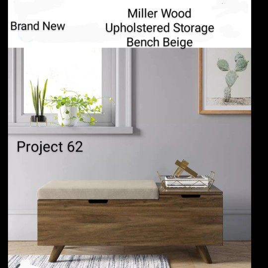 Brand New Miller Wood Upholstered Storage Bench Beige
