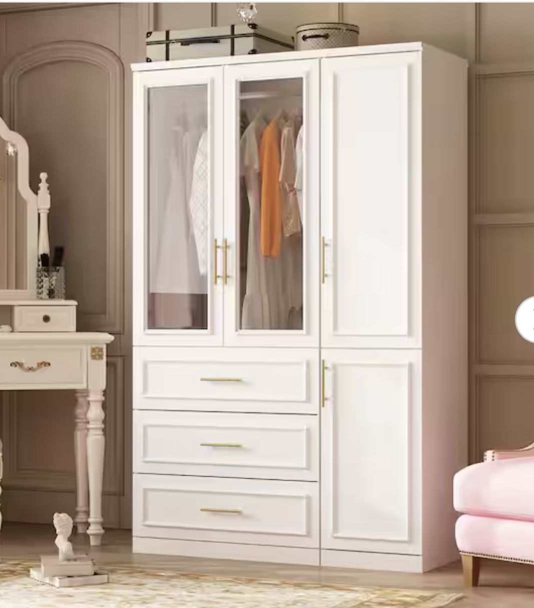 2-Combination White Wood 4-Door Big Armoires with 2-Hanging Rods, 3-Drawers, Shelves