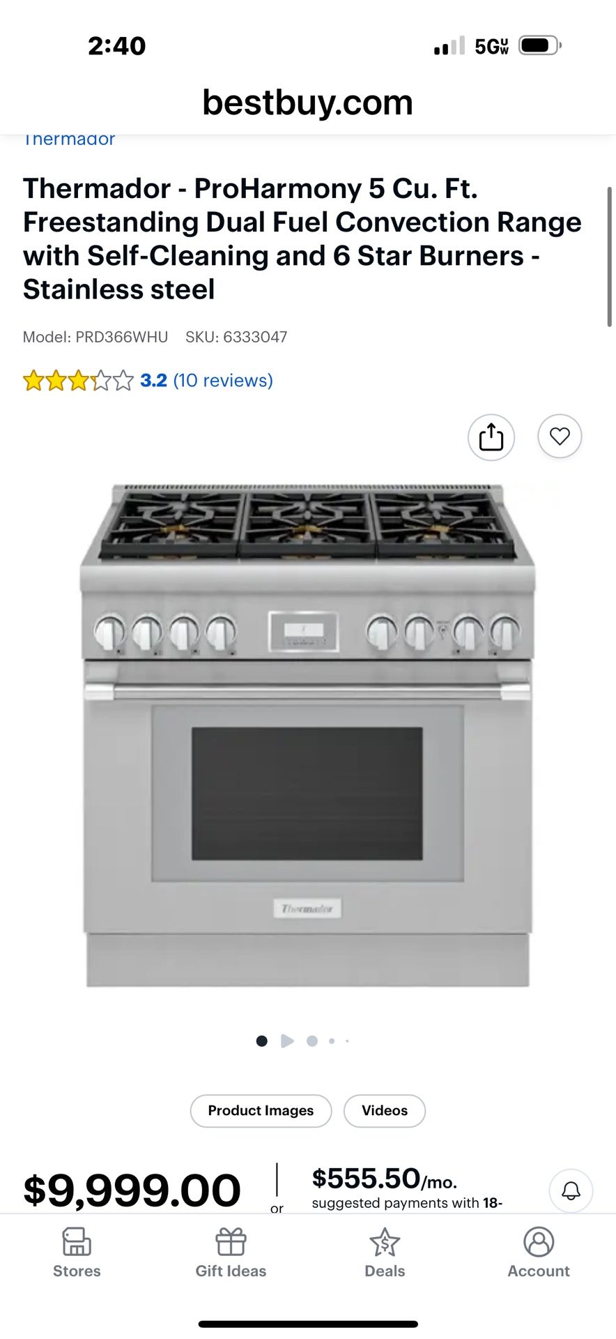 Slide Stove Dual Fuel Gas Range Thermador 36