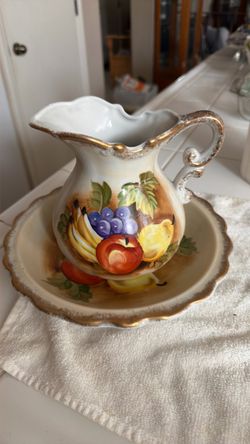 Ceramic Pitcher and Bowl Set with Fruit Design