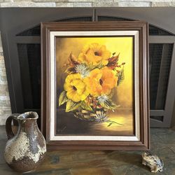 Vintage Oil on Canvas Floral in Basket 1970s wood framed 26 x 22” bohemian boho decor
