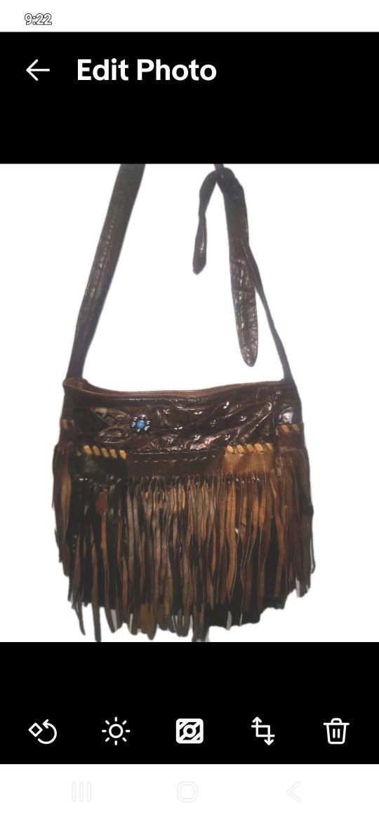 Crossbody Tassle Handbag Western Fringe Handbag Leather Faux Brown Turquoise
