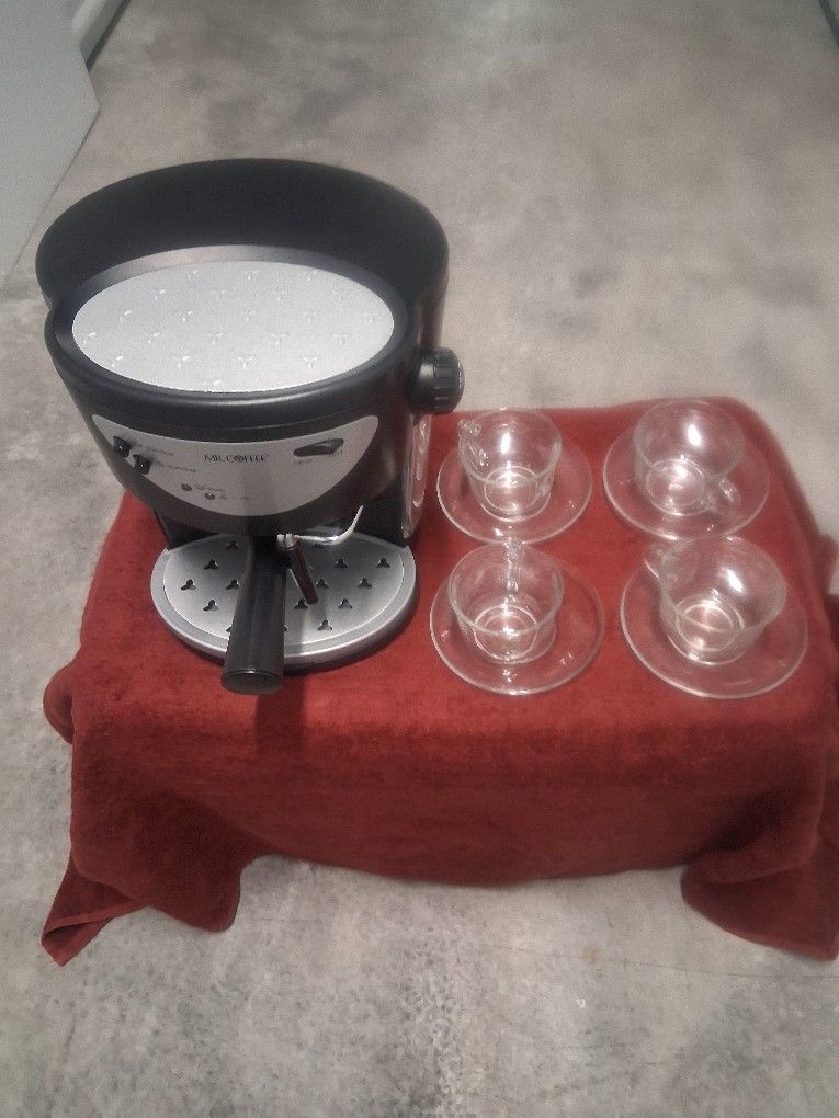 NEW "MR COFFEE", ESPRESSO AND CAPPUCCINO MAKER, COMES WITH EITHER 3 SMALL MUGS OR 4 GLASS CUPS WITH SAUCERS, QUITE THE SETUP FOR THE PRICE!!!