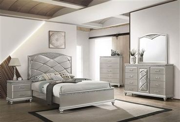 Brand new champagne queen bedframe + dresser + nightstand + mirror