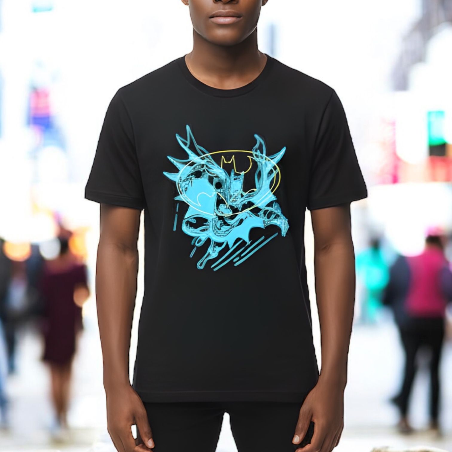 License DC Character Batman Men’s Black Blue Graphic Short Sleeve T-Shirt Sz L