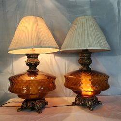 Pair of Vintage Amber Glass Lamps