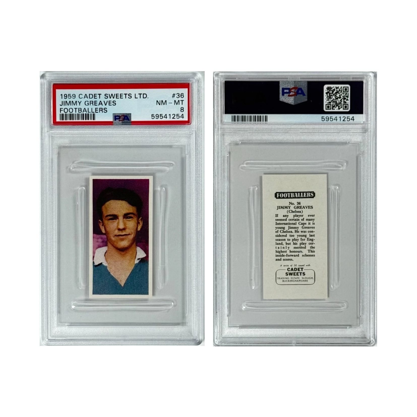Jimmy Greaves 1959 Cadet Sweets LTD Footballers #36 PSA 8 (NM-MT) Soccer Card