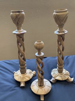 Vintage Hand Carved Wood Candle Holders Decor