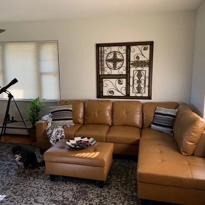 Brand New Ginger Leather Sectional Couch With Ottoman