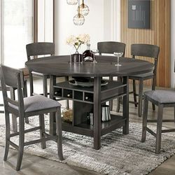 Brand New Grey Counter Height Dining Table Set w Lazy Susan And Wine Rack