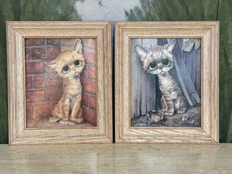 Pair of Sad Cat Framed Art Wall Decor 11x13”