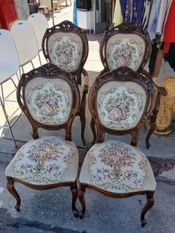 vintage French Louis XV style carved needlepoint chairs