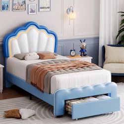 Twin Upholstered LED Bed Frame with Storage Drawers, Cute Boys Bed with Adjustable Lotus Headboard, Faux Leather Platform Bed Frame, Woode