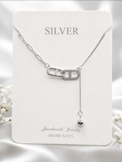 925 Sterling Silver Paper Clip CZ Pendant Necklace 18K White Gold Plated