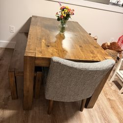 Solid Wood Farmhouse Dining Table with Bench + Upholstered Accent Chair