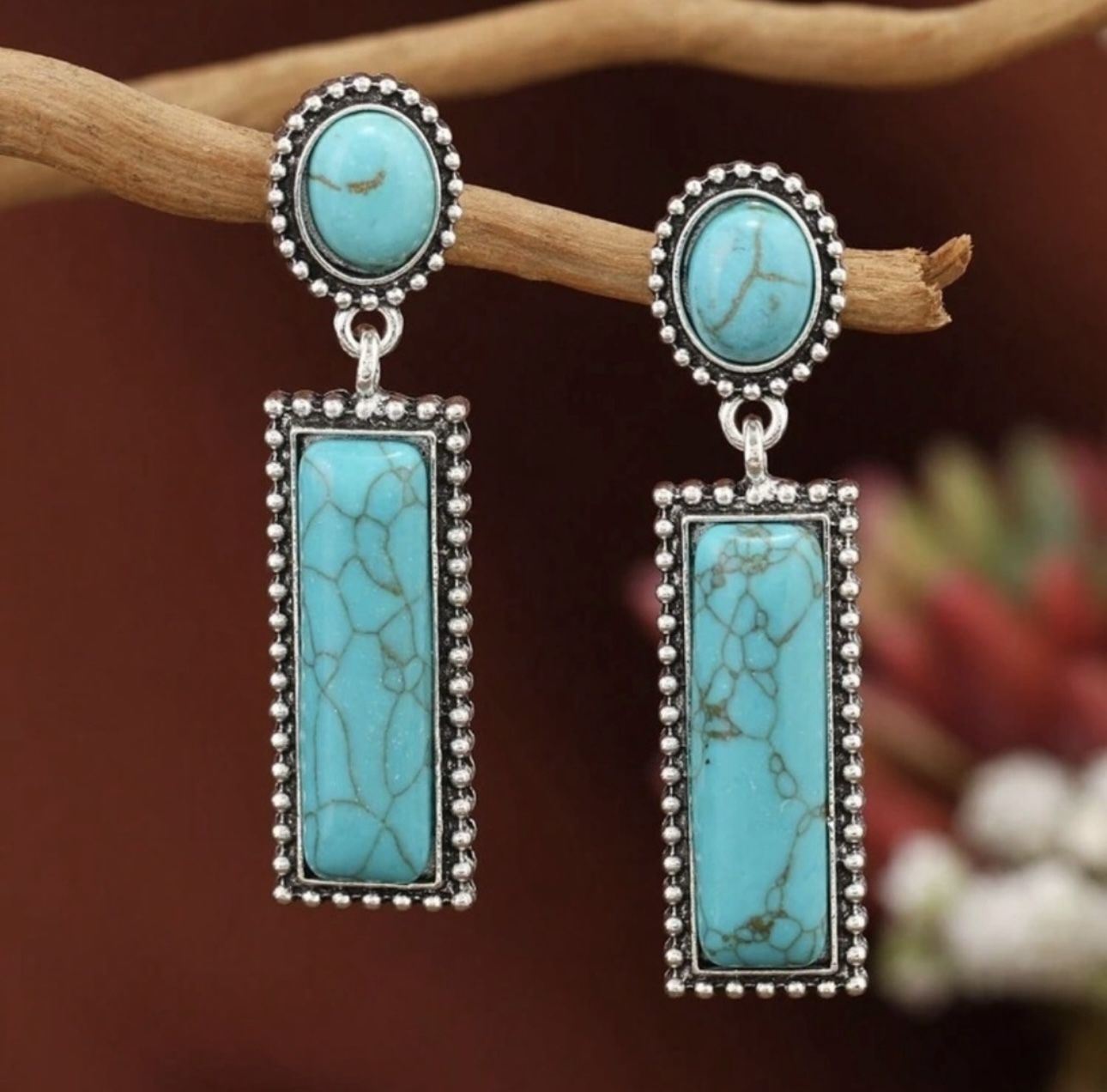 NEW!! Boho Western Turquoise Drop Earrings - Vintage Silver-Tone