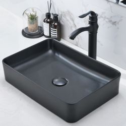 Modern Black Bathroom Vessel Sink 20x14 — Rectangular Porcelain Countertop Basin Bowl | Luxury Vanity Sink | Above-Counter Wash Basin | Sleek Matte Bl
