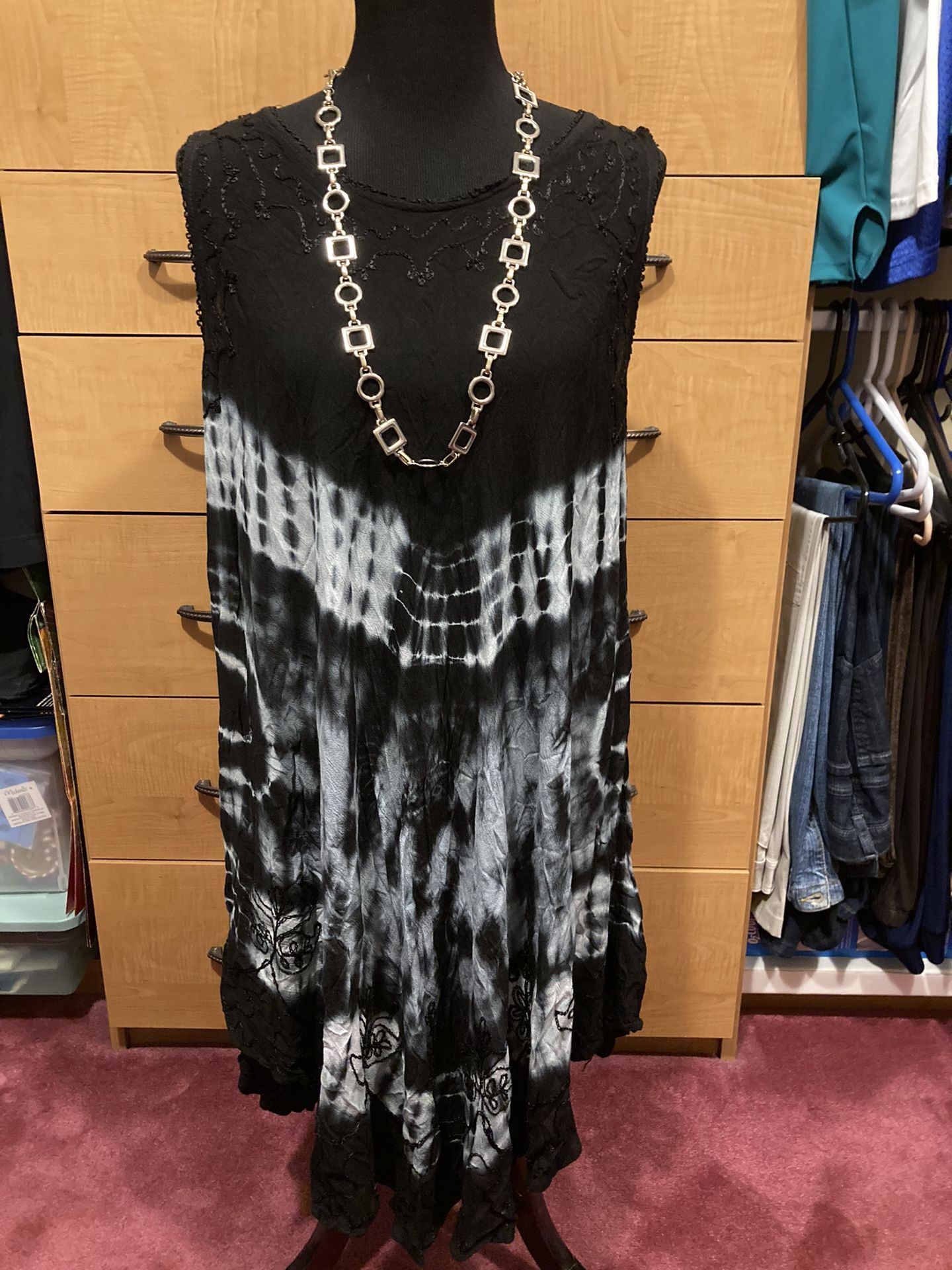 Tie Dye Sundress with Black Embroidered Lace Bodice and Bottom