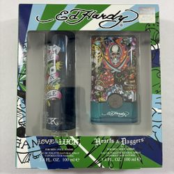 Set Of Two Bottles Men’s Ed Hardy Cologne / Love & Luck 3.4 Fl Oz / Hearts & Daggers 3.4 Fl Oz. 