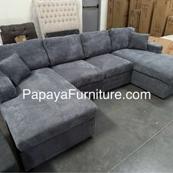 New U Shape Sectional TWO CHAISE large Couch Soft Fabric Grey