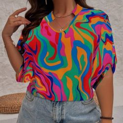 SHEIN VCAY Plus Allover Print Popover Blouse