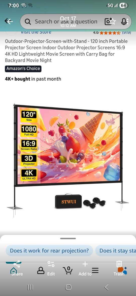 Projector Screen With Stand 120 InchNew In Box Pick Up In Pomona