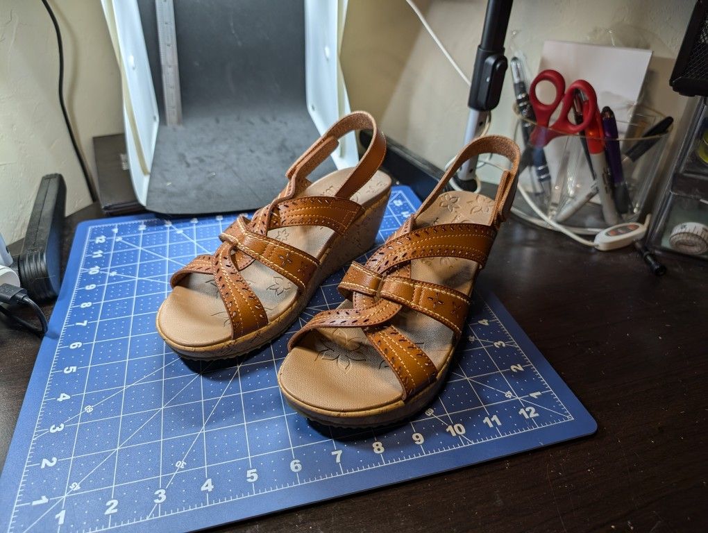 Cali Skechers Brown Beverlee Slingback Vegan Wedge After Sunrise Luxe Foam 7.5"