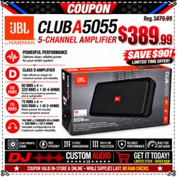 JBL Club A5055 5-Channel Car Amplifier Hybrid Class AB/D 780W RMS 500W Subwoofer Output 1-Ohm Stable Mono Channel FIT+ Signal Sensing RCA Turn On RBC 