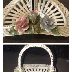 Vintage Spain Woven Basket Floral Ceramic