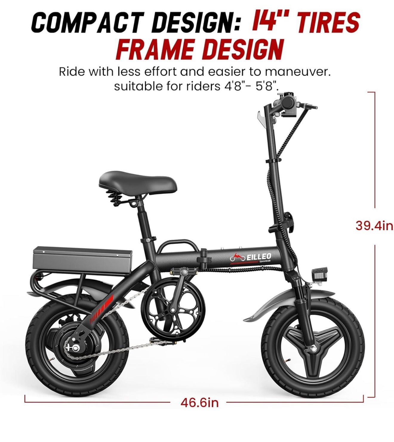 Adult folding electric bike, small 14-inch folding bike, with 500 W motor, 13.7 MPH, 36 V battery, 35-mile PAS range, travel electric bike
